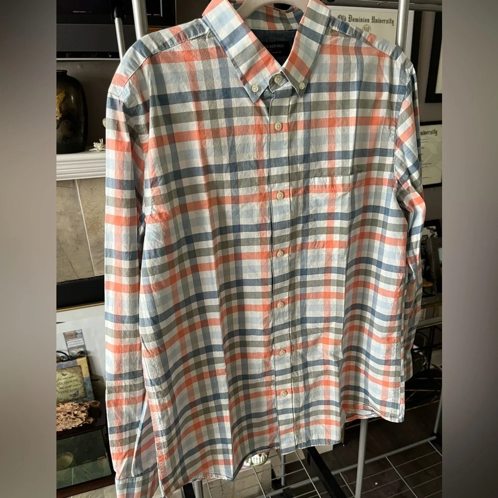 Banana Republic‎ Men's Blue and Orange Plaid Shirt